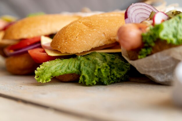 Close-up sandwiches on table