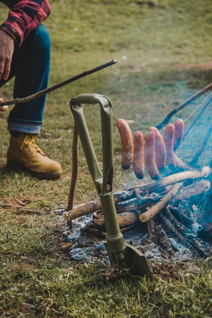 Close-up of sausages cooking