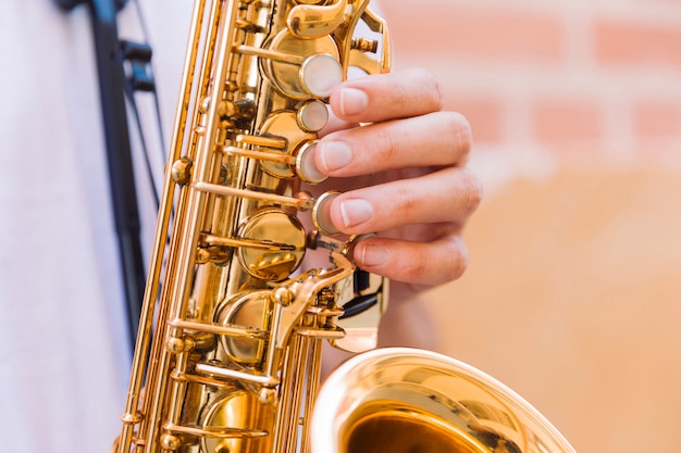 Close up of saxophone keys