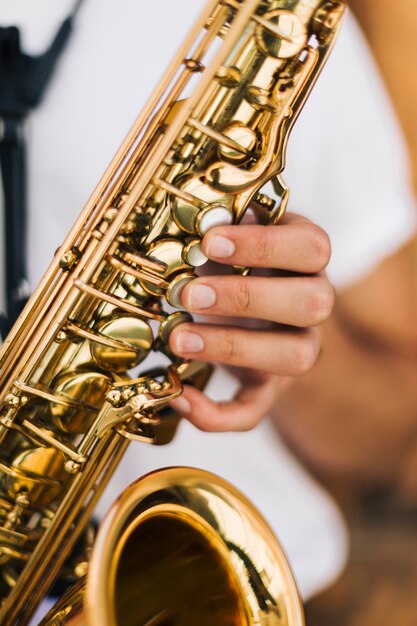 Close up of saxophone keys