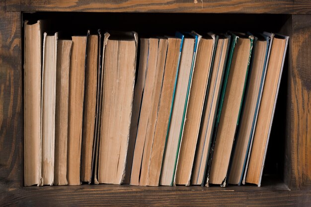 Close-up selection of literature books on a bookshelf