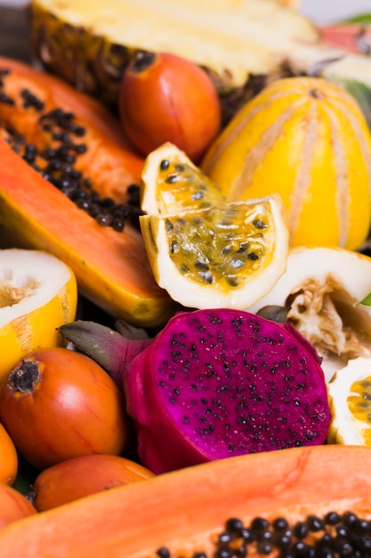 Close-up selection of tasty exotic fruits
