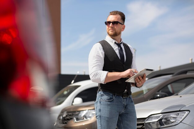 Close up on seller in car dealership