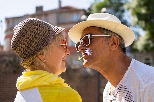 Close-up senior couple being romantic