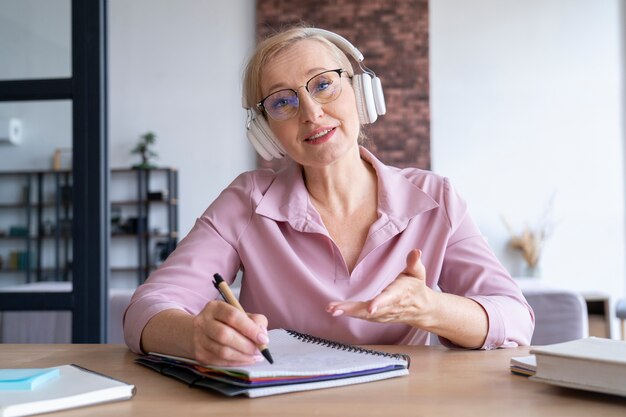 Close up on senior person while learning