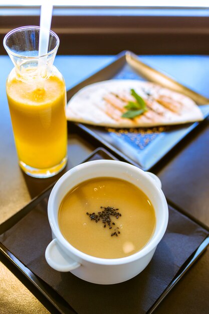 Close up of served food on table