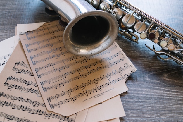 Close-up sheet music and saxohone