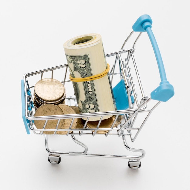 Close-up shopping cart filled with money