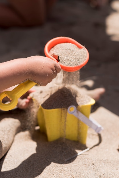 Close up shot of bucket full of sand