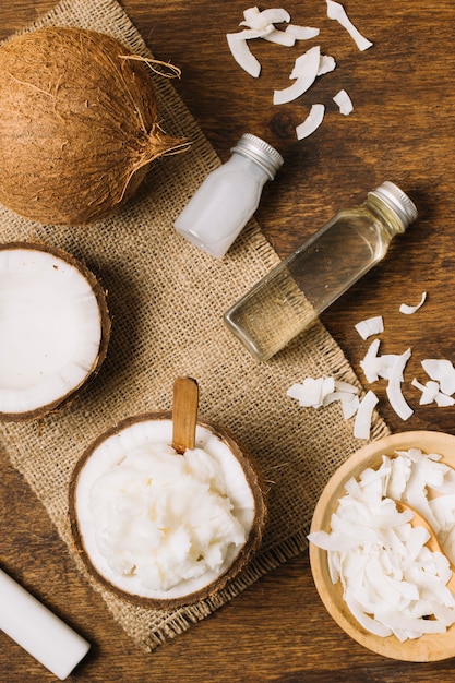 Close-up shot coconut oil with coconut pieces