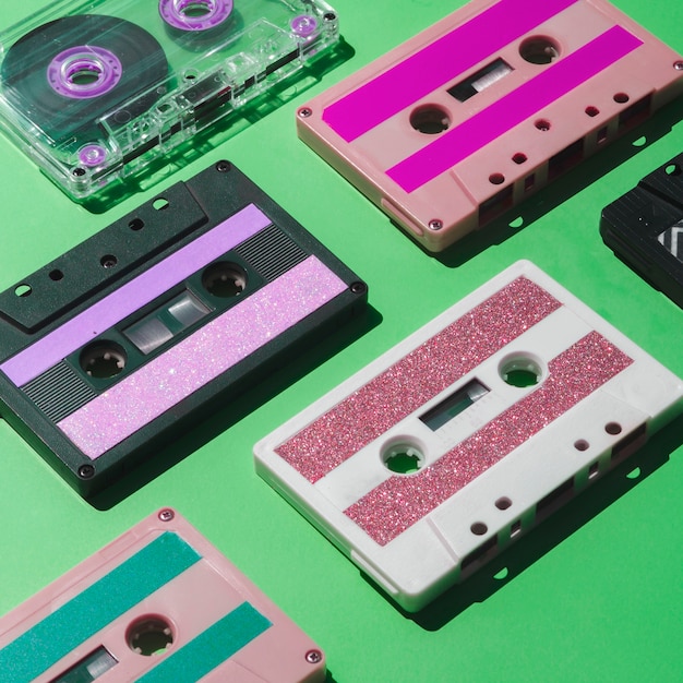 Close up shot colorful cassette tape collection