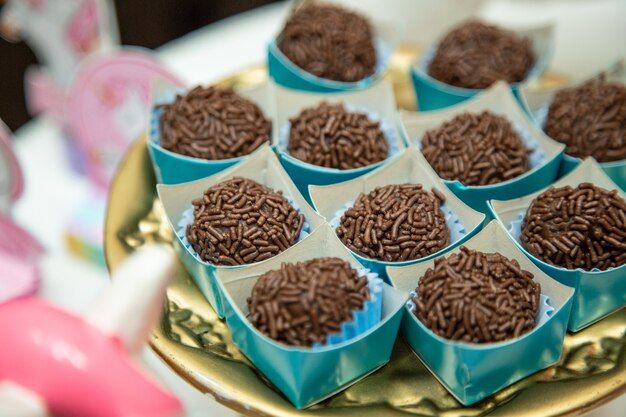 Close up shot of delicious chocolate candies