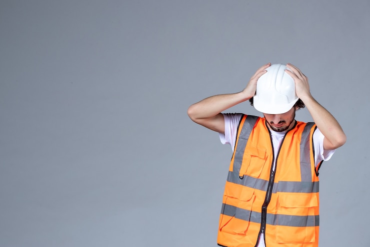 Free Photo close up shot of male architect in warning vest with safety helmet looking down over gray wave wall