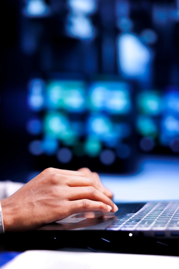 Free Photo close up shot of manager in server hub using laptop to set up configuration management tools that enable automatic failover and load balancing, preventing rackmounts data loss