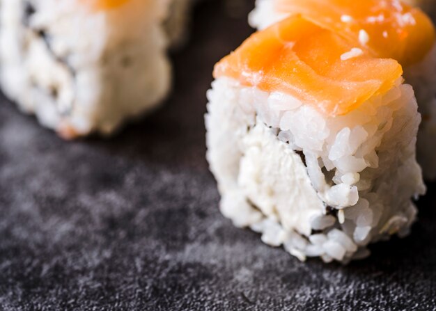 Close-up shot of a sushi roll