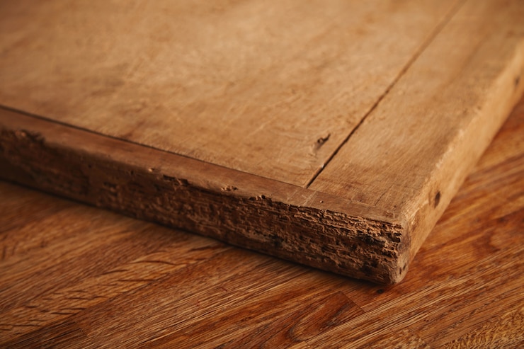 Free Photo close up shot of a very old and battered chopping board with deep cuts, pieces missing lying on a rustic wooden table
