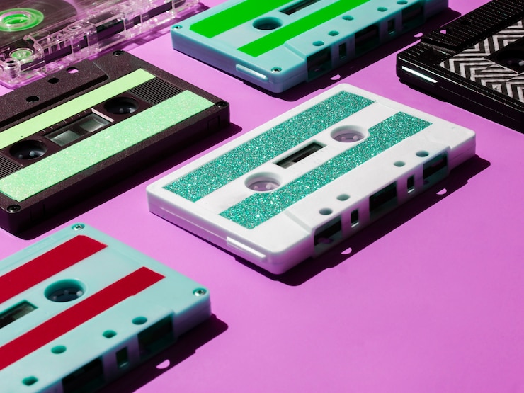 Free Photo close-up shot vibrant cassette tapes on pink background