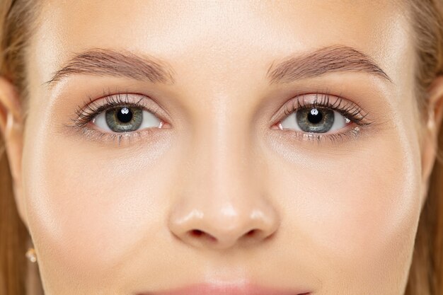 Close up shot of young woman on yellow studio