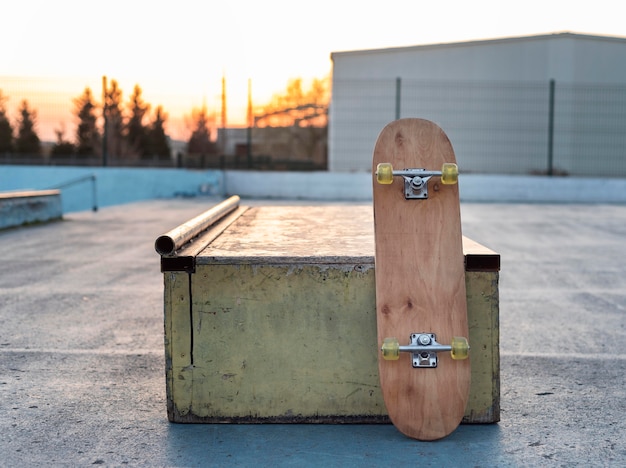 Close up skateboard on rink