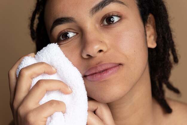 Close up on skin pores during face care routine