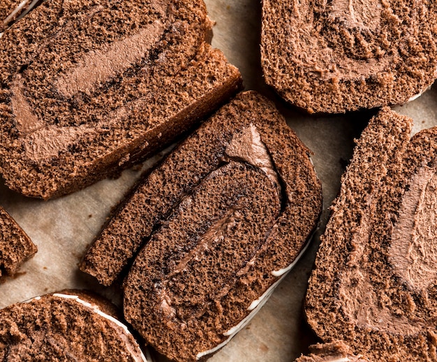 Close-up sliced chocolate roll cake