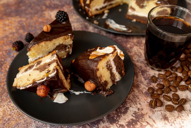 Close-up slices of cake with coffee