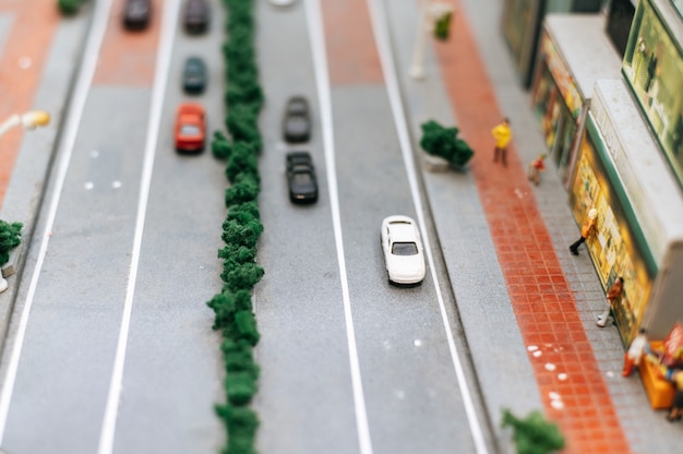Close up of small cars model on the road, traffic conception