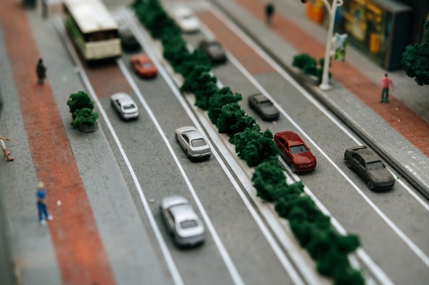 Close up of small cars model on the road, traffic conception.