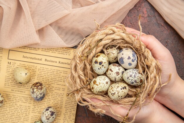 Close up on small fresh eggs in rustic decor