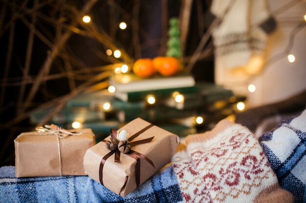 Close-up of small gifts with blurred background