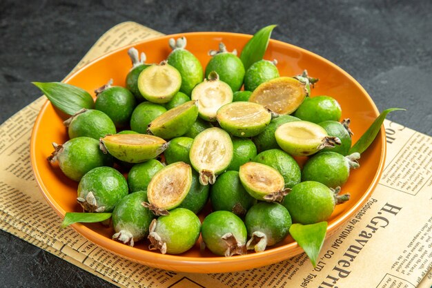 Close up on small vitamin bomb fresh feijoas fruits