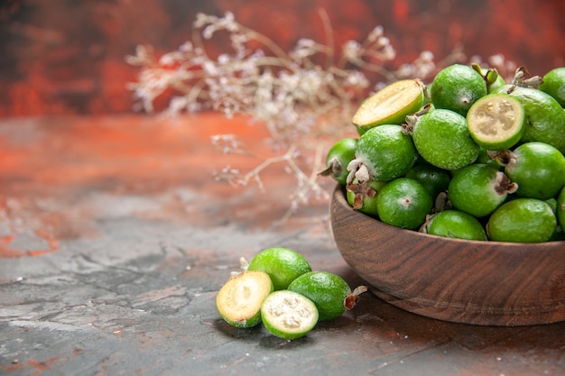 Close up on small vitamin bomb fresh feijoas fruits