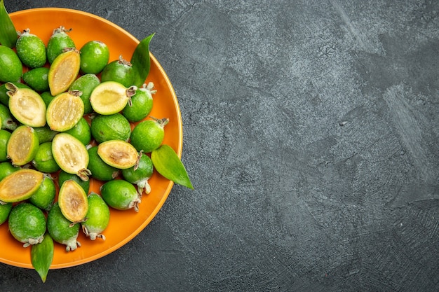 Close up on small vitamin bomb fresh feijoas fruits