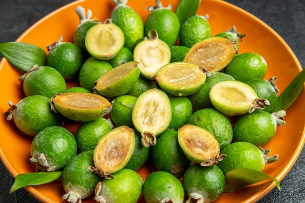 close up on small vitamin bomb fresh feijoas fruits