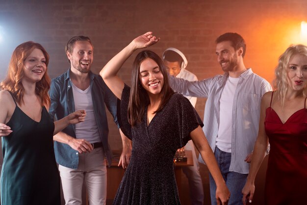close up smiley friends dancing