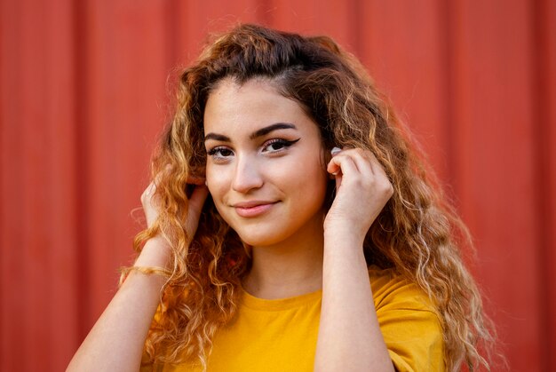 Close-up smiley girl with earphones