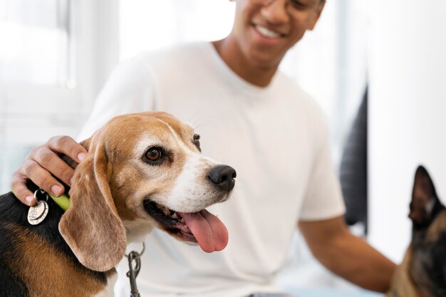 Close up smiley man petting dog