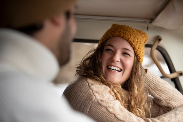 Close up smiley people in campervan