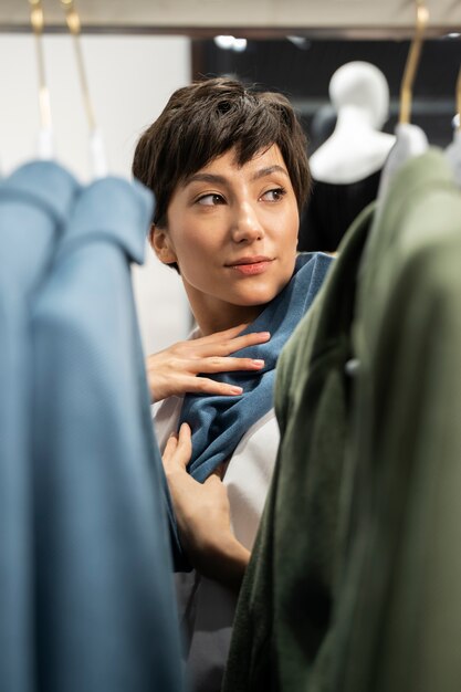 close up smiley woman shopping