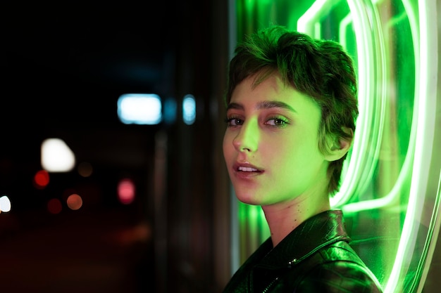 Free photo close up smiley woman with neon light