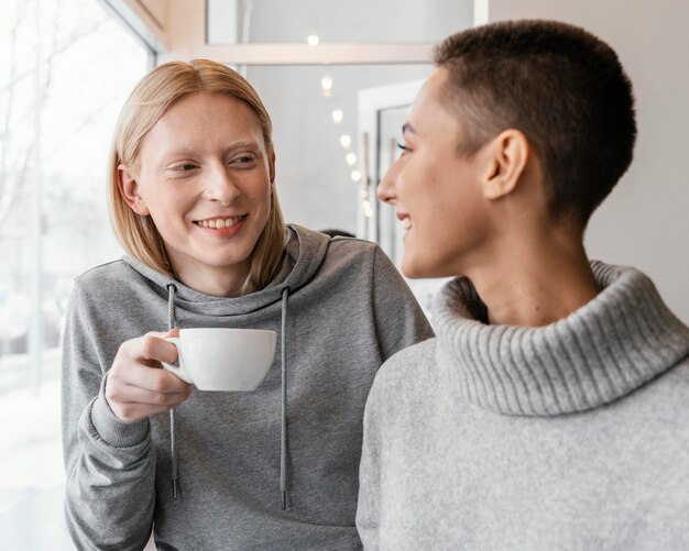 Close-up smiley women indoors