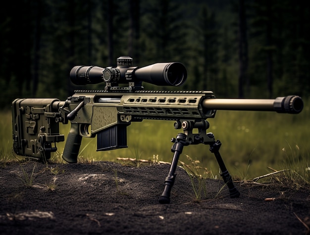 Close up on sniper gun set in nature