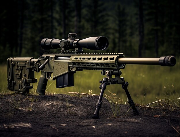 Close up on sniper gun set in nature