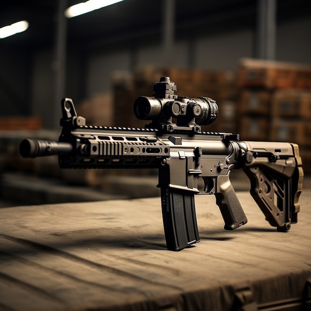 close up on sniper gun set in warehouse