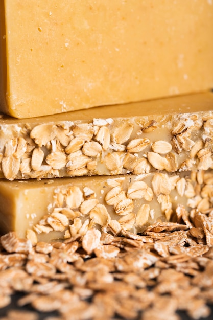 Free photo close-up soap of oat flakes on table