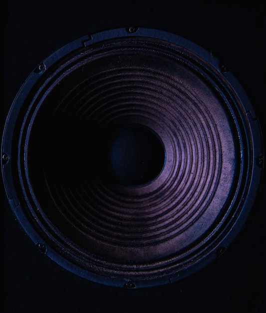 Close-up of speaker membrane on black background with colored lighting.