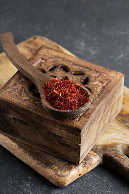Close up on spoon full of saffron