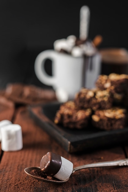 Close up spoon with marshmallow and chocolate syrup