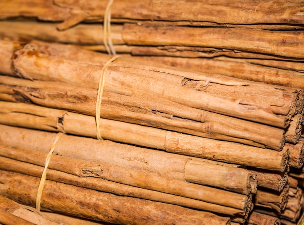 Close-up stacked cinnamon sticks