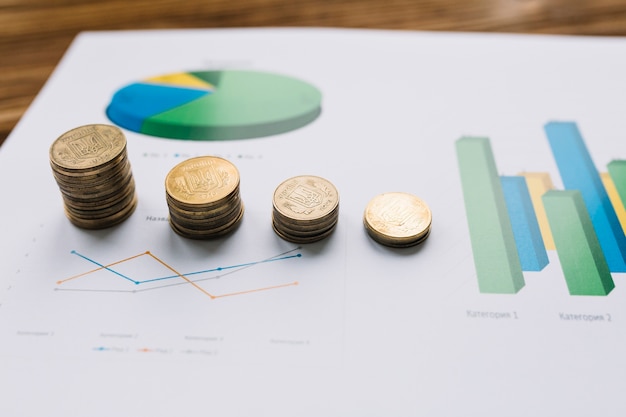 Close-up of stacked coins on graph chart